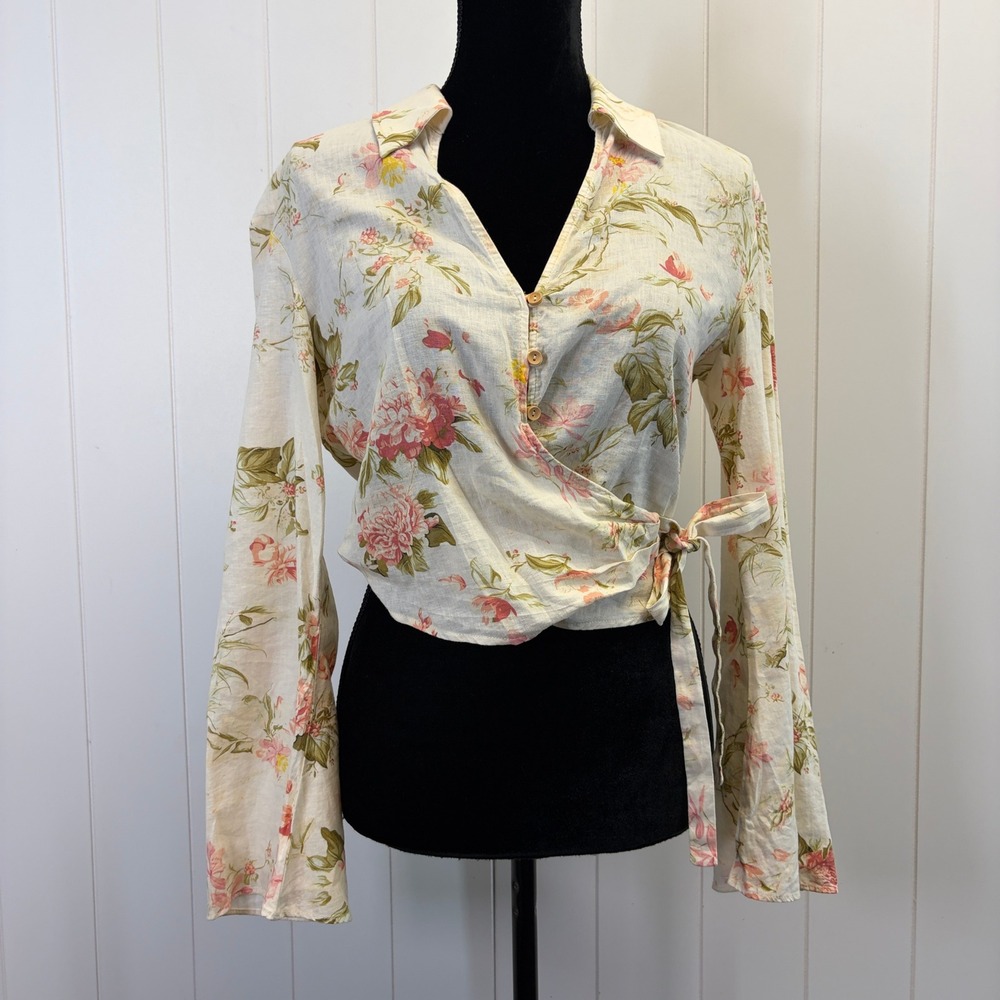 Mango Cottage Floral Linen Wrap Top Women Size 4 Bell Sleeve Botanical Peasant